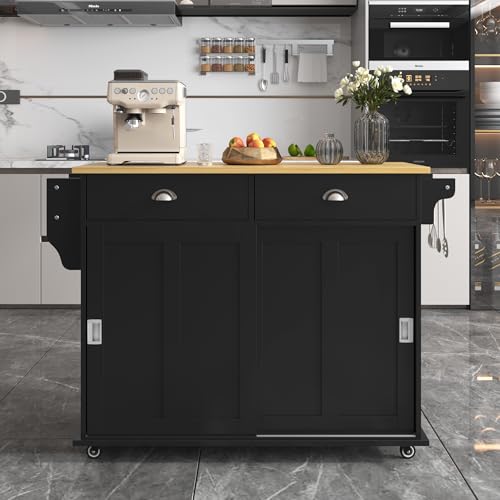 Merax Kücheninselwagen mit abklappbarer Arbeitsplatte, Küchenschrank Esszimmerwagen auf Rollen mit 2 Schubladen & verstellbare Tür, Esszimmer bewegliche Kücheninsel, 112x40(70) x94 cm, Schwarz von Merax