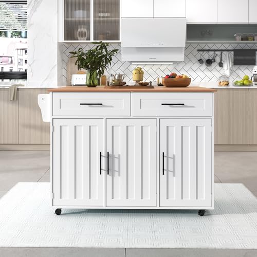 Merax Kücheninselwagen mit abklappbarer Arbeitsplatte, Küchenschrank Servierwagen auf Rollen mit 2 Schubladen & 3 verstellbraren Regalboden Esszimmer bewegliche Kücheninsel, 129x46(71) x91.5 cm, Weiß von Merax