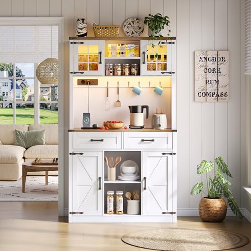 Merax Küchenschrank Buffetschrank, Hochschrank mit LED-Beleuchtung und Steckdosen, Küchenbuffet mit Arbeitsplatte und 2 Schubladen, rustikaler Kaffeebar-Sideboard-Tisch, Weiß, 100x40x172 cm von Merax