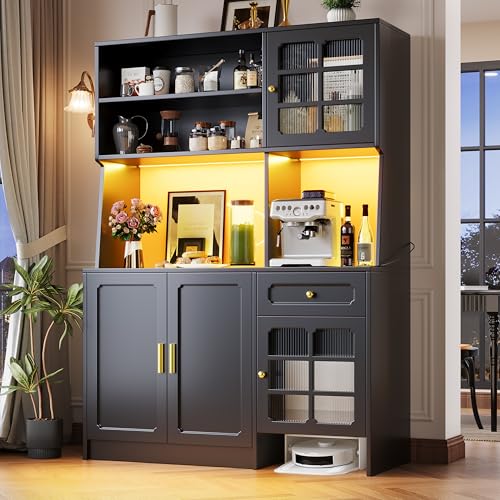 Merax Küchenschrank Buffetschrank, Sideboard mit LED, Küchenbuffet Vorratsschrank mit Arbeitsplatte, Glastüren, Schublade, Offene Fächer, Mehrzweckschrank für Wohnzimmer Küche, Moderner Stil, Schwarz von Merax