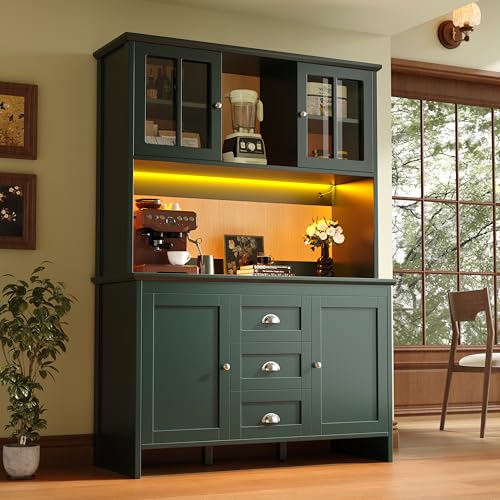 Merax Küchenschrank Buffetschrank, Sideboard mit LED, Küchenbuffet Vorratsschrank mit Arbeitsplatte, braunen Glastüren, Schublade, Offene Fächer, Mehrzweckschrank für Mikrowellen Kaffeemaschine, Grün von Merax