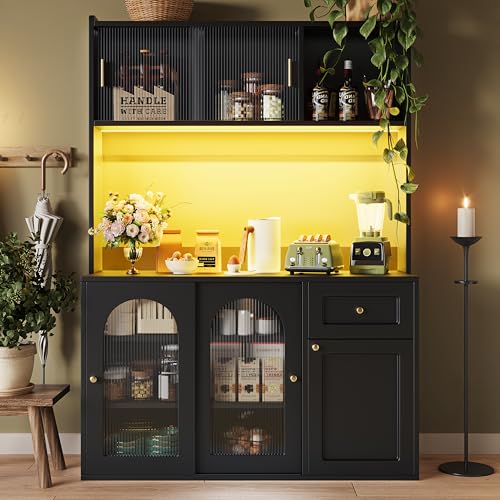 Merax Küchenschrank Buffetschrank mit LED Sideboard für Küche, Hochschrank mit Arbeitsplatte, Glasschiebetüren, Schubladen, Verstellbaren Einlegeböden, Moderner Vorratsschrank Vitrinenschrank, Schwarz Merax Küchenschrank Buffetschrank mit LED Sideboard für Küche, Hochschrank mit Arbeitsplatte, Glasschiebetüren, Schubladen, Verstellbaren Einlegeböden, Moderner Vorratsschrank Vitrinenschrank, Schwarz von Merax