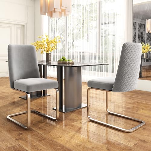 Merax Küchenstühle 2er-Set, Samt Esszimmerstühle mit Metall-Stützbeinen, bequemer Wohnzimmerstühle für Wohnzimmer, Schlafzimmer, Samt, Grau & Silber von Merax