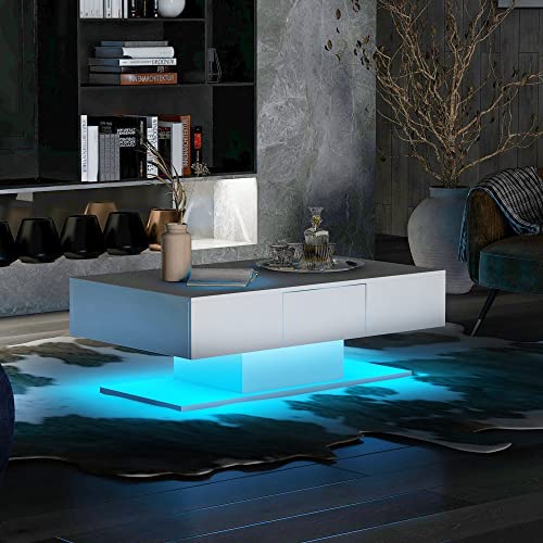 Merax LED Couchtisch Hochglanz-Couchtisch Wohnzimmer mit 2 Schubladen 100x60x35 cm,16-farbige LED-Beleuchtung, USB-Stromversorgung, Moderner Weißer Kaffeetisch mit Großem Stauraum von Merax