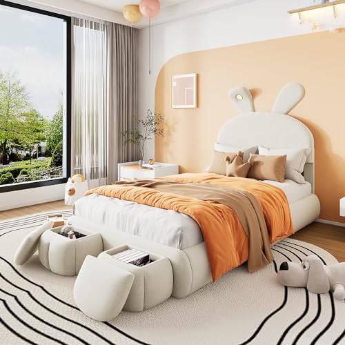 Merax LED Einzelbett Polsterbett Prinzessinnenbett 90x200 cm, mit Hasenohren Design,2 Aufbewahrungshocker,Stabiler Holzlattenrost, Kinderbett Samt Beige - ohne Matratze von Merax