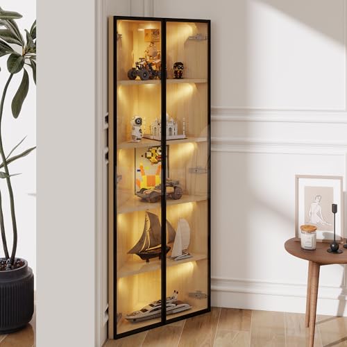 Merax LED-Glasvitrine 62x35x160 cm, staubdichter Schrank mit gehärtetem Glas, integrierte LED-Beleuchtung, als Sammlungsvitrine, Bücherregal, Weinschrank, Eichenfarbe von Merax