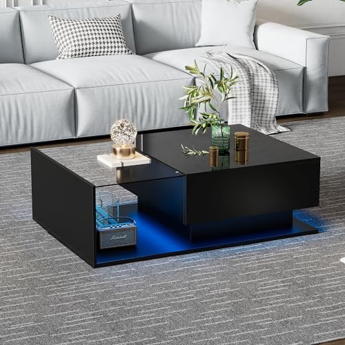 Merax LED Hochglanz-Couchtisch 100x50x32 cm mit Glasplatte, 1 Schublade – Moderner Tisch mit Kratzfestem Design und Bluetooth-Steuerung - Schwarz Merax LED Hochglanz-Couchtisch 100x50x32 cm mit Glasplatte, 1 Schublade – Moderner Tisch mit Kratzfestem Design und Bluetooth-Steuerung - Schwarz von Merax