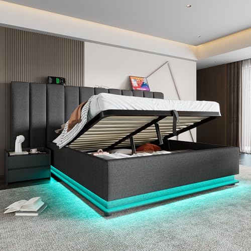 Merax LED Polsterbett 160×200cm Doppelbett Stauraumbett Boxspringbett LED-Bett Stauraumbett App-Control, Bettgestell mit USB-C-Ladefunktion,Hydraulik-Stauraum,Leinen,Ohne Matratze - Grau von Merax