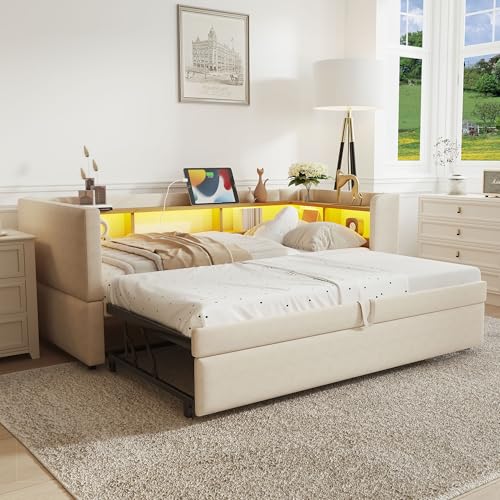Merax LED Polsterbett Ausziehbares Schlafsofa 90/180×190cm, Steckdosen & Ablagefächern – Einzelbett & Doppelbett, Multifunktionsschlafsofa für Wohnzimmer & Gästezimmer,ohne Matratze Beige von Merax