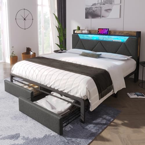 Merax LED Polsterbett Doppelbett 140 x 200 cm mit USB Typ C Ladefunktion, Stauraum-Kopfteil, Bettgestell mit Lattenrost und Metallrahmen in Grau (Ohne Matratze) von Merax