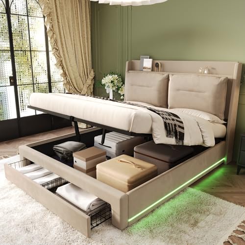Merax LED Polsterbett Hydraulisches Bett,Bett mit Stauraum 140x200cm, 2-in-1 Stauraumschublade, verstellbare Füße, Lattenrost, Samtbezug Beige– ohne Matratze von Merax