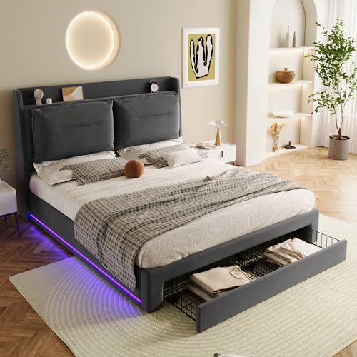 Merax LED Polsterbett Hydraulisches Bett,Bett mit Stauraum 140x200cm, 2-in-1 Stauraumschublade, verstellbare Füße, Lattenrost, Samtbezug Dunkelgrau – ohne Matratze von Merax