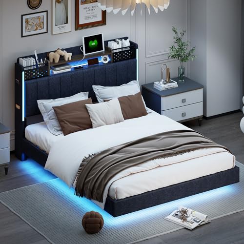 Merax LED Polsterbett Schwebebett Flachbett 140x200,USB-Steckdose & Stauraum Kopfteil für Jugendliche & Erwachsene, Leinenstoff in Grau, Ohne Matratze von Merax