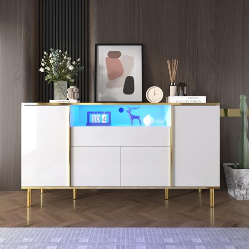 Merax LED Sideboard Hochglanz Weiß Wohnzimmer Schlafzimmer Anrichte mit LED Beleuchtung und Goldenen Beinen, Kommode mit 4 Türen und 1 Schublade, 150x40x80cm von Merax