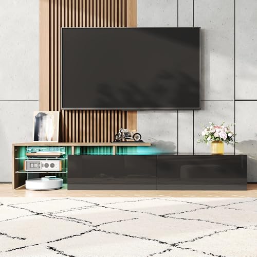 Merax LED TV Lowboard TV-Schrank Modern Glasböden & 16-Farbiger LED-Beleuchtung – 170 cm, mit praktischem Stauraum für Wohnzimmer in Hochglanzschwarz mit Holzoptik 170 L x 33 B x 33,5H cm von Merax