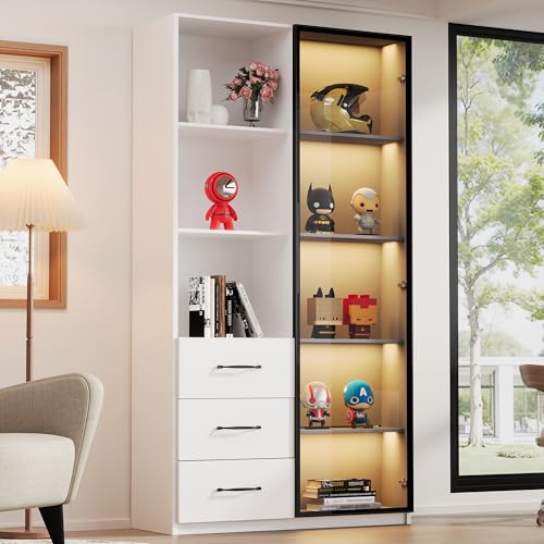 Merax LED-Vitrine 80x40x160 cm, Bücherschrank mit gehärteter Glas-Tür, 3 Schubladen & 3 offene Fächer, Aluminiumrahmen, mehrfarbige LEDs, Küchenschrank, Weiß von Merax