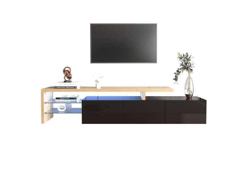 Merax Lowboard, mit Glasablgen und LED-Beleuchtung, Fernsehtisch Hochglanz, TV-Schrank von Merax