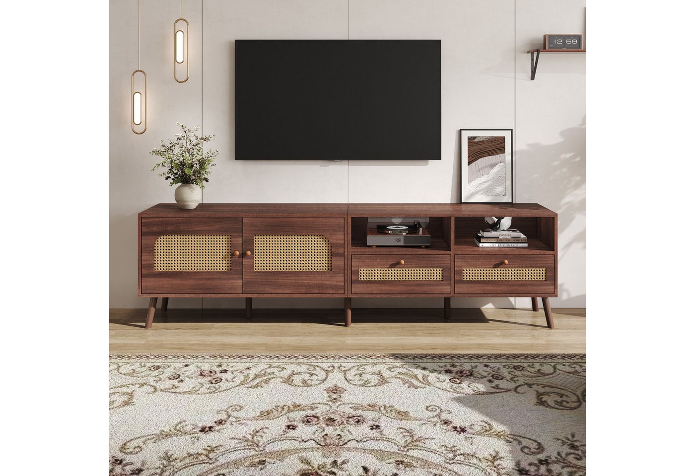Merax Lowboard (1 St., Fernsehschrank TV-Lowboard Fernsehtisch), TV-Schrank mit 2 Rattantüren, 2 Schubladen & 8 Holzfüßen, B: 200cm von Merax