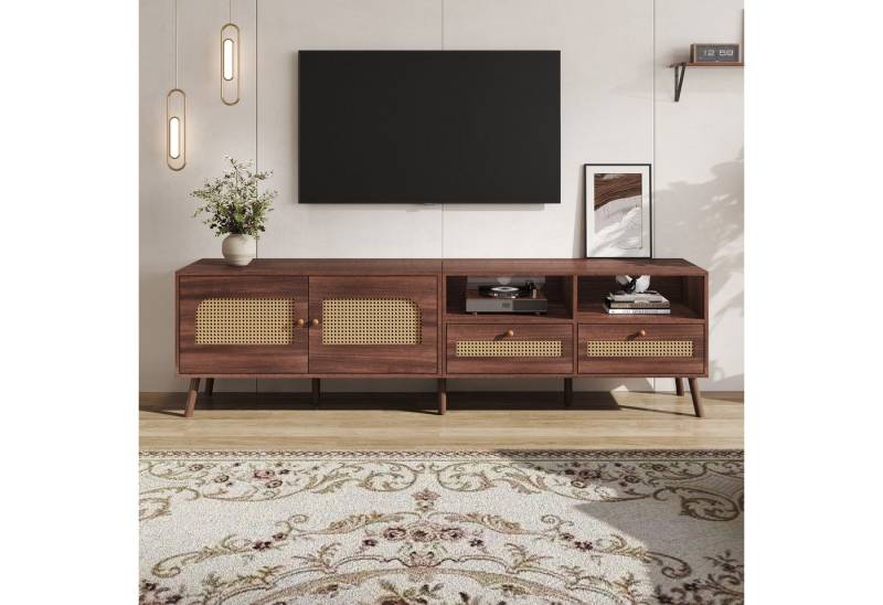 Merax Lowboard (1 St., Fernsehschrank TV-Lowboard Fernsehtisch), TV-Schrank mit 2 Rattantüren, 2 Schubladen & 8 Holzfüßen, B: 200cm von Merax