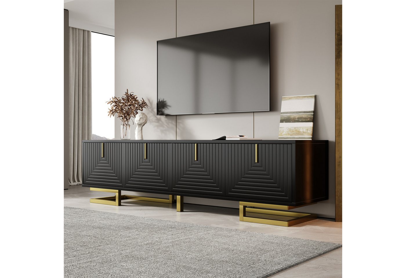 Merax Lowboard Fernsehschrank in Schwarz mit Struktur, (1 St), TV-Schrank mit 4 Türen, goldene Griffe & Beine, 160x38x44,5 cm von Merax