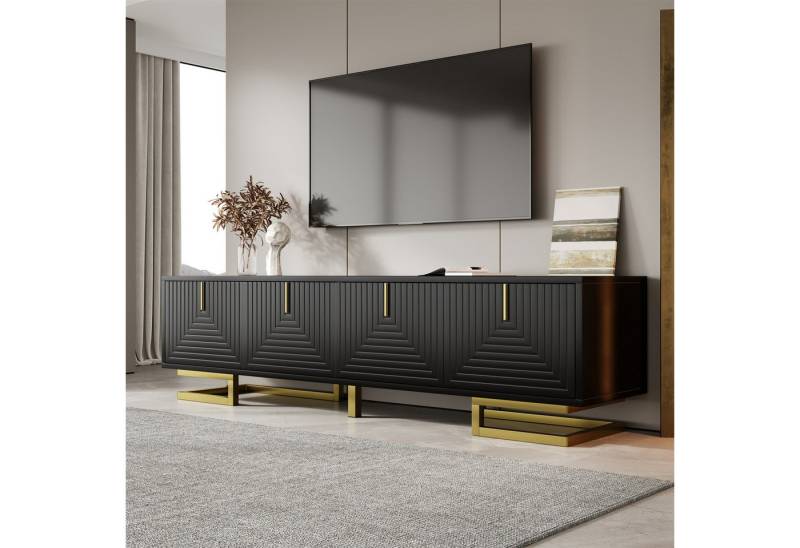 Merax Lowboard Fernsehschrank in Schwarz mit Struktur, (1 St), TV-Schrank mit 4 Türen, goldene Griffe & Beine, 160x38x44,5 cm von Merax