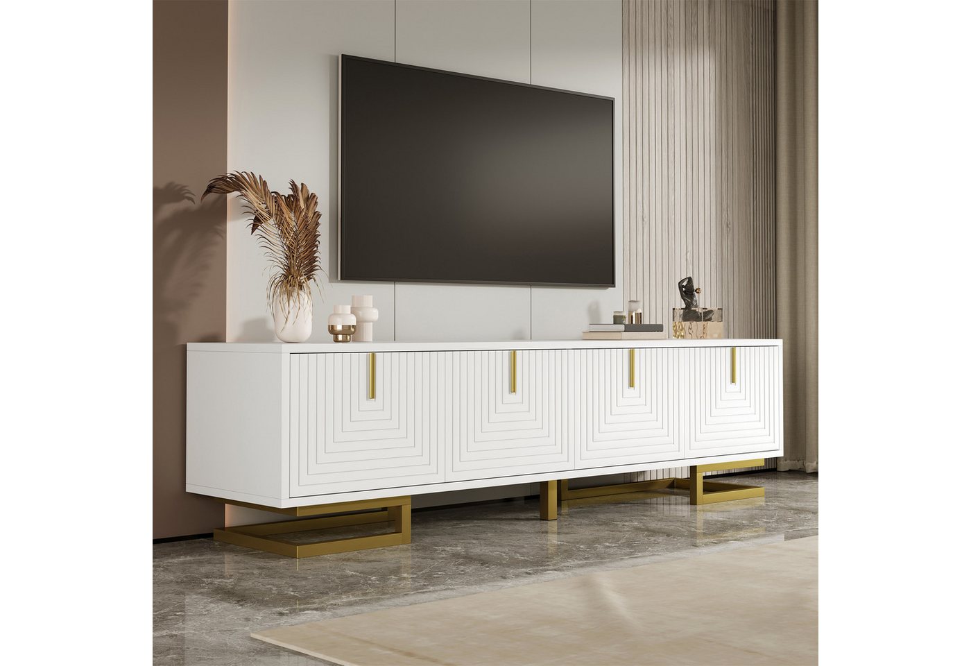 Merax Lowboard Fernsehschrank in Schwarz mit Struktur, (1 St), TV-Schrank mit 4 Türen, goldene Griffe & Beine, 160x38x44,5 cm von Merax
