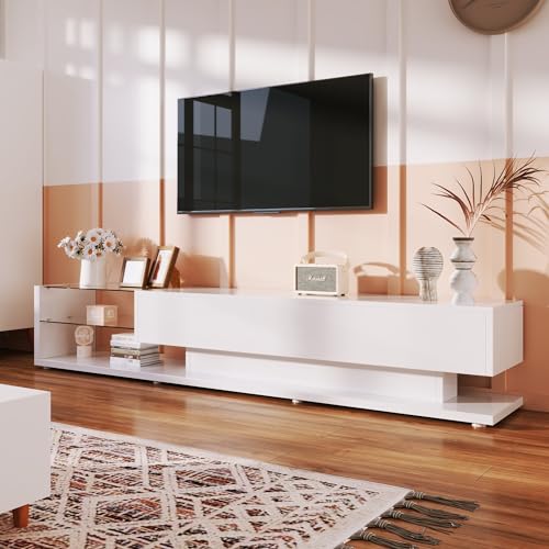 Merax Lowboard Fernsehtisch Fernsehschrank Holz Glastrennwände und Variable LED-Beleuchtung tv Schrank Weiss tv Board Weiss lowboard weiß von Merax