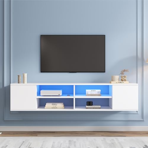 Merax Lowboard Hängend und stehend TV Board, weißer TV Schrank mit LED-Leuchten, Wandmontage TV-Ständer mit 6 Ablagefach, Modernes Fernsehschrank, schwebende Entertainment-Center-Medienkonsole, 140cm von Merax