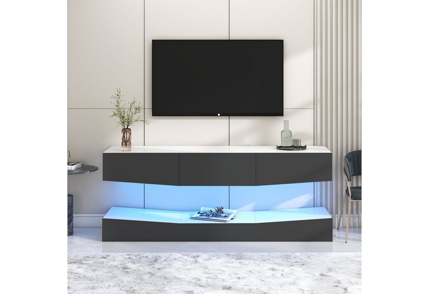 Merax Lowboard Hochglanz Front mit LED inkl. Fernbedienung (2 St), TV-Schrank hängend mit 3 Schubladen, Fernsehtisch, Bretie:180cm von Merax