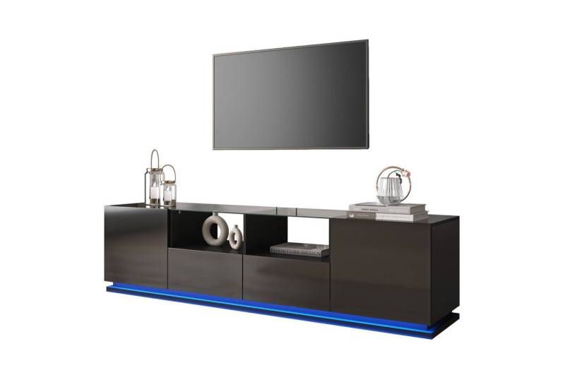 Merax Lowboard Hochglanz TV-Schrank mit LED, Fernsehtisch mit 2 Schubladen, 2 Türen und Glasböden, Breit: 165cm von Merax