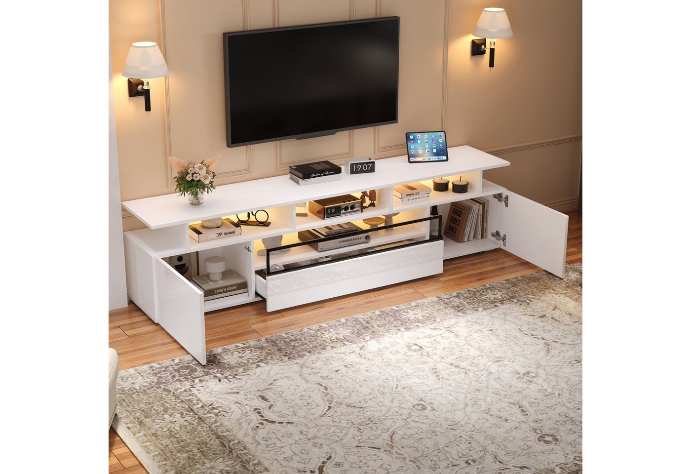 Merax Lowboard Hochglanz TV-Schrank mit LED-Beleuchtung (1 St), Fernsehschrank mit Schublade,2 Schränke & 10 Ablageflächen,180x38x45cm von Merax