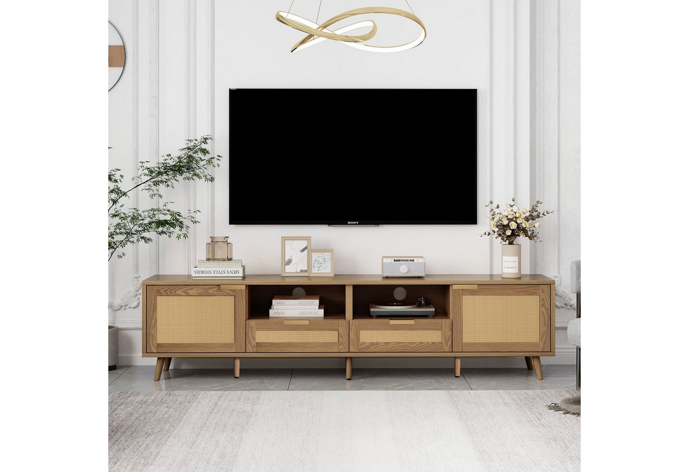 Merax Lowboard Holz mit 2 Schubladen und 2 Türen, Fernsehtisch mit Rattangeflecht Design, TV-Board von Merax