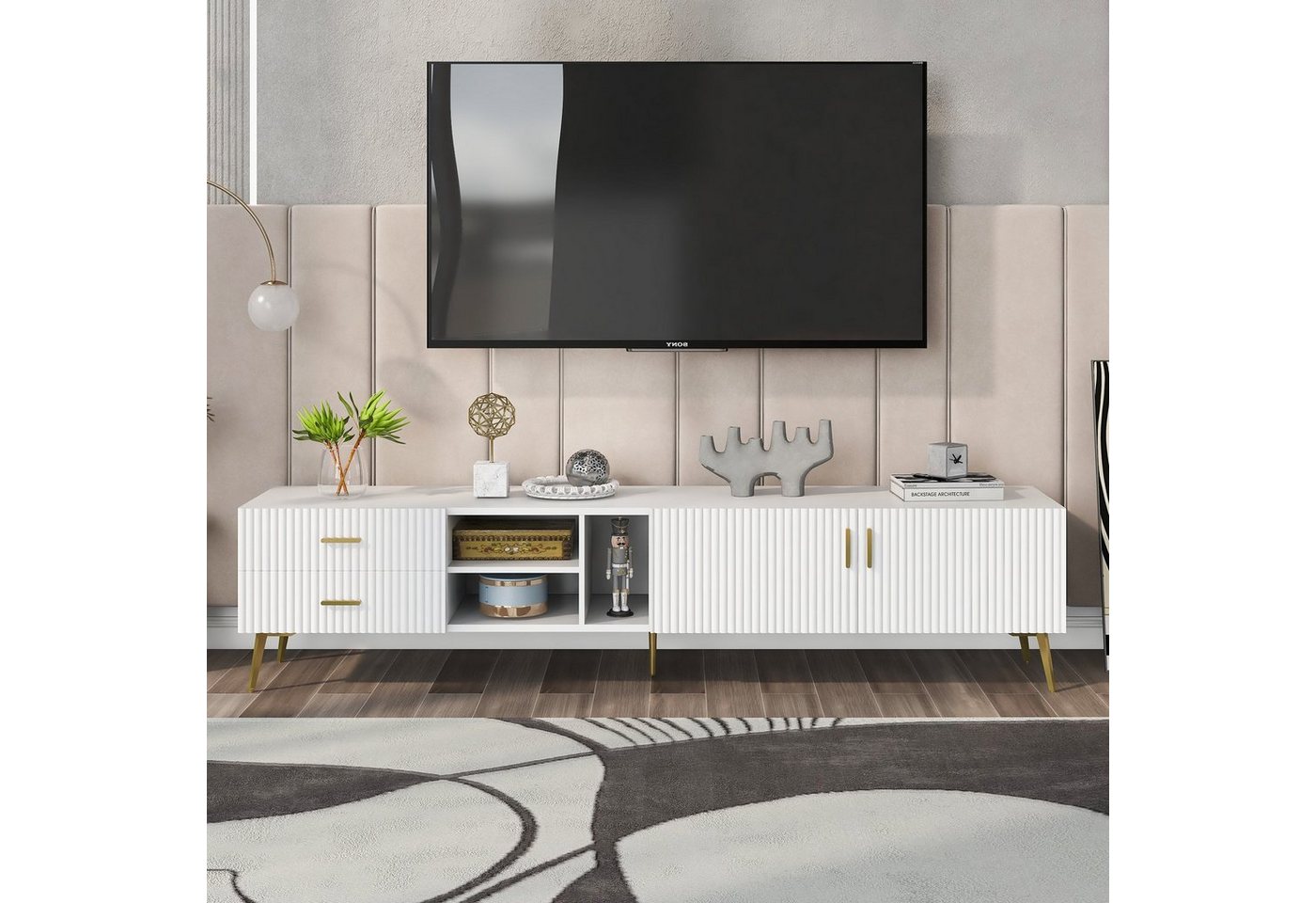 Merax Lowboard Holz mit 2 Schubladen und 2 Türen, TV-Schrank mit goldenen Metallbeine, TV-Board mit großem Stauraum, belastbar bis 50kg von Merax