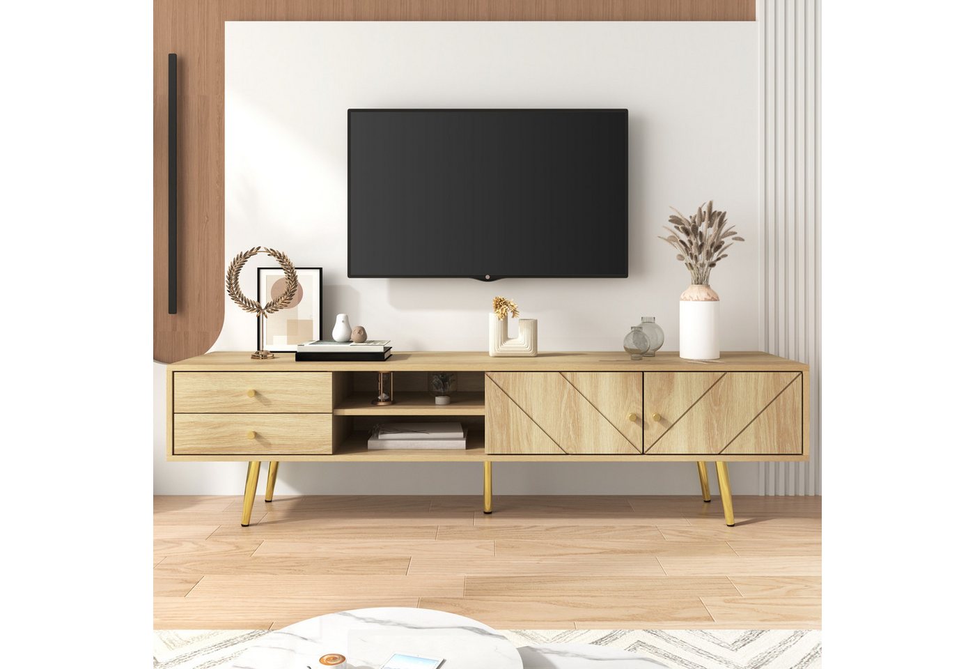 Merax Lowboard Holzoptik (1 St), TV-Schrank mit 2 Schubladen, Türen & Goldfüße, Breit: 160cm von Merax