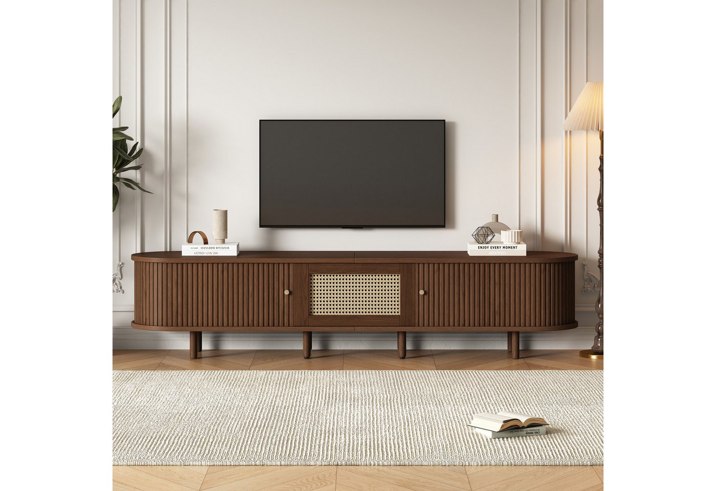 Merax Lowboard Ovaler TV-Schrank mit goldenen Griffen & Rattan-Design in Walnuss (1 St., 180x40x40 cm), TV-Lowboard mit Schublade Schiebetüren & verstellbaren Massivholzfüßen von Merax