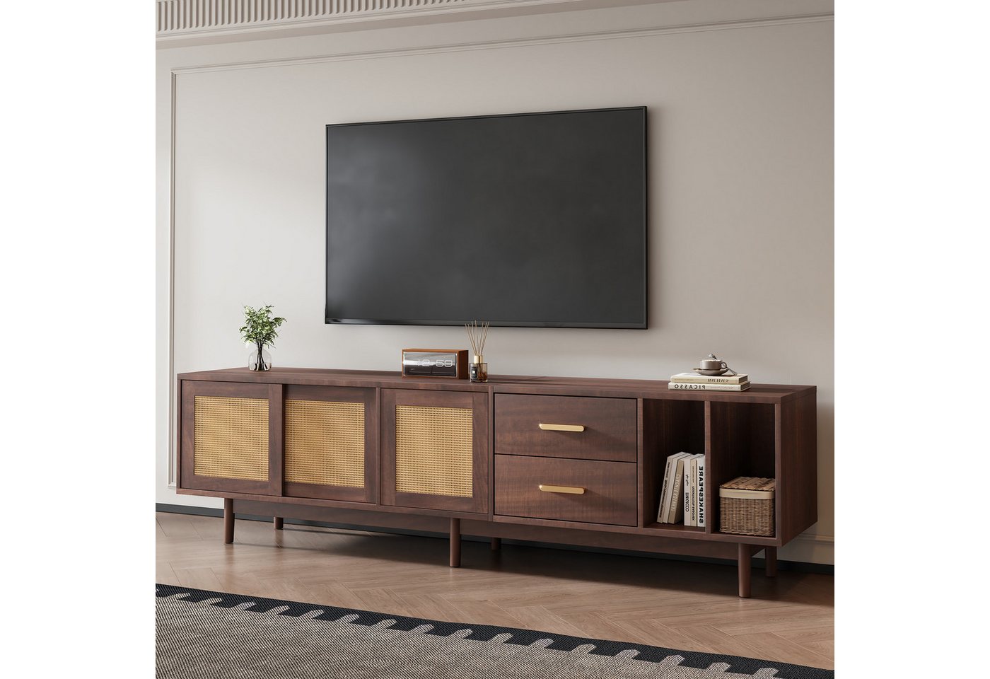 Merax Lowboard Rattan Fernsehtisch (1 St), TV-Schrank mit Rattan-Schiebetüren,Schubladen & 6 Holzbeinen,B:190cm von Merax