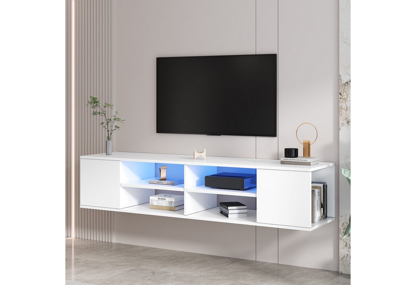 Merax Lowboard Scandi, Fernsehtisch, mit LED und 6 offenen Fächern, TV-Schrank Wandmontage/Freistehend von Merax