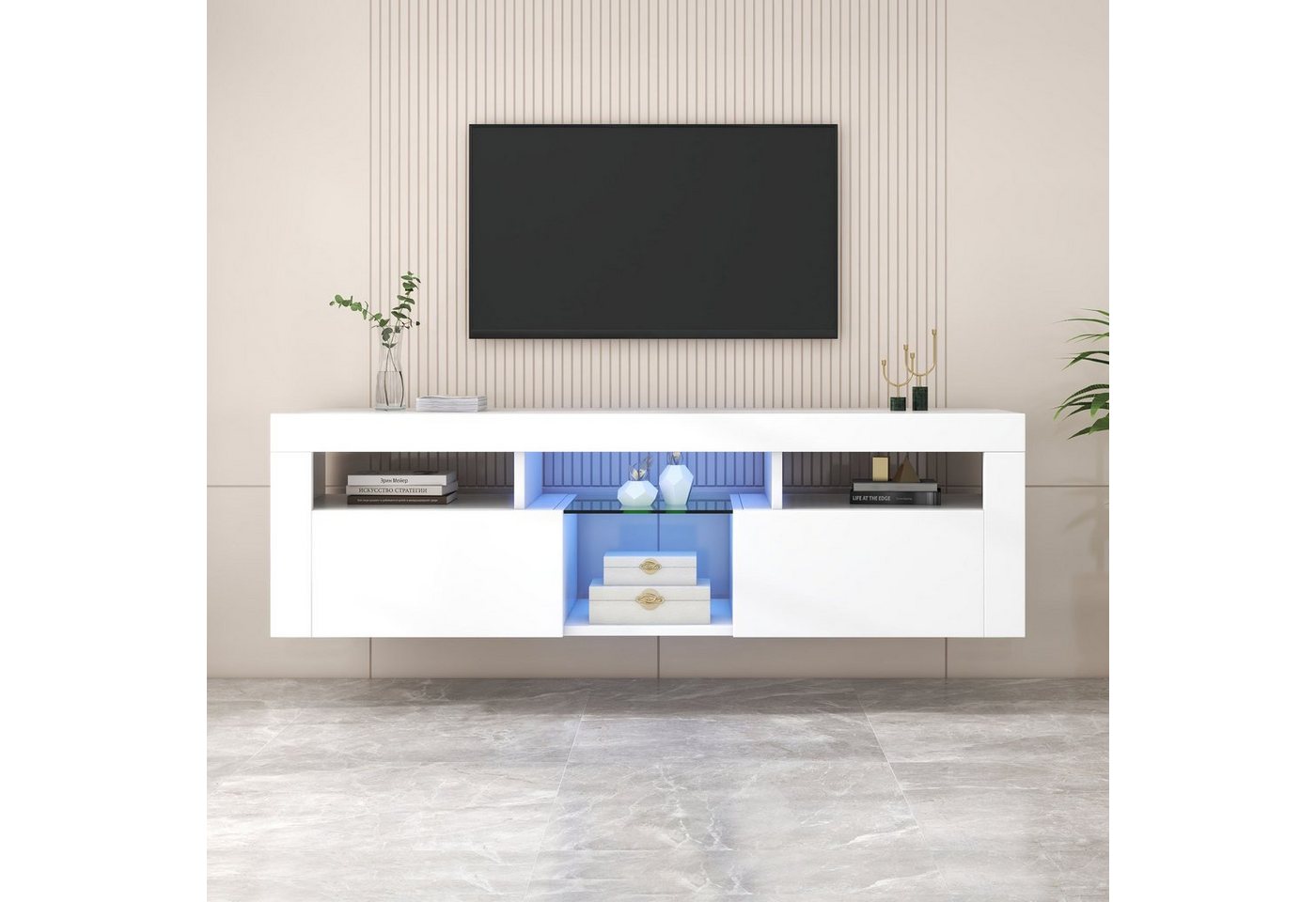 Merax Lowboard Scandi mit Glaseinlegeboden, Fernsehtisch, Wandmontage/Freistehend mit Klapptüren, TV-Schrank hochglänzend, B:140cm von Merax