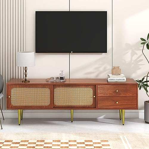 Merax Lowboard TV Board, TV Schrank mit 2 Schubladen, 2 Schiebetüren und 4 Fächer, Landhausstil, Metallfüße, Kunststoff-Rattan, Fernsehschrank für Wohnzimmer Esszimmer, 160 x 40 x 60 cm, Nussbaum von Merax