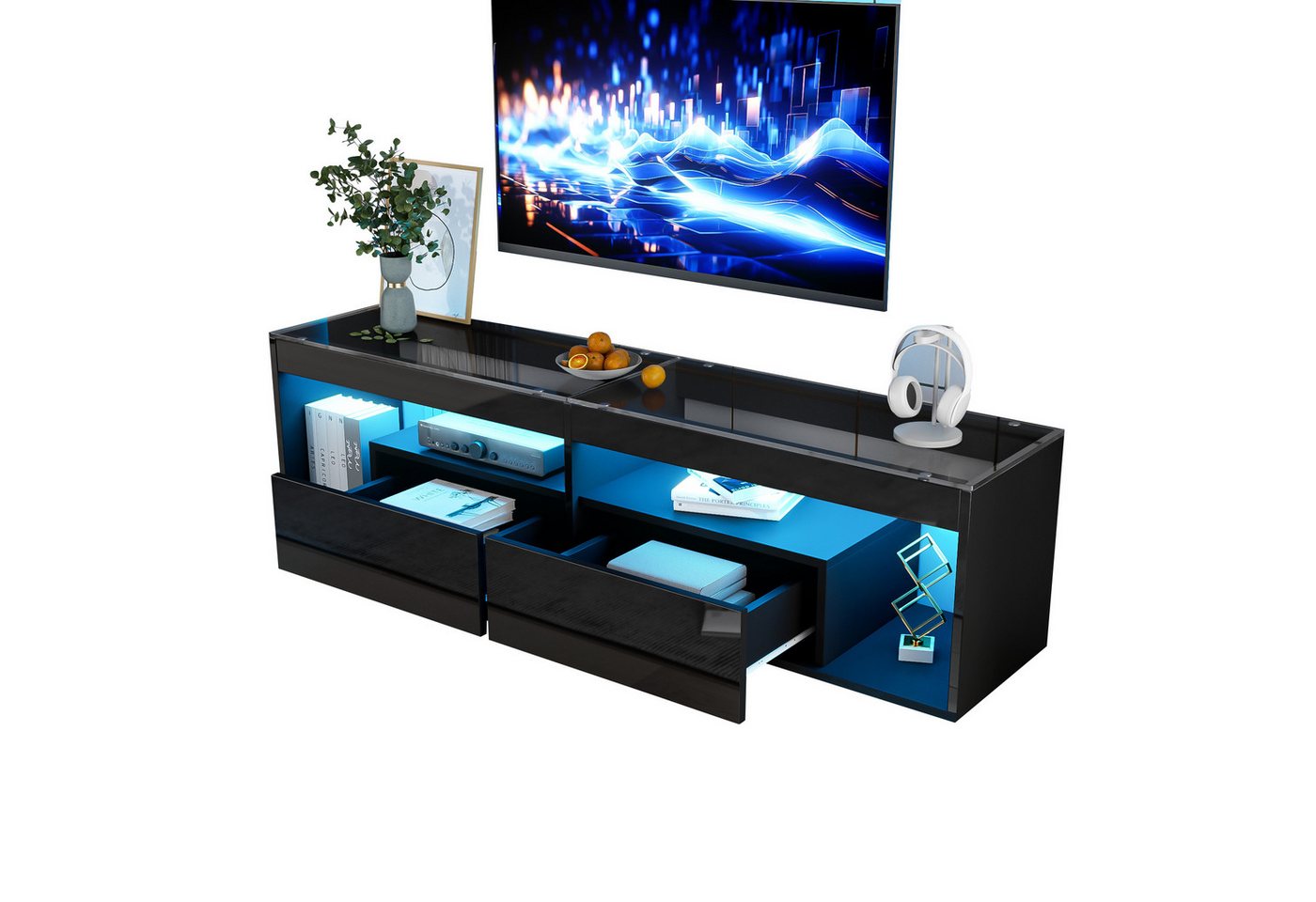 Merax Lowboard hochglanz Schwarz TV-Schrank mit LED (1 St), Fernsehtisch mit 2 Schubladen und Stauraum, 180x40x46cm von Merax
