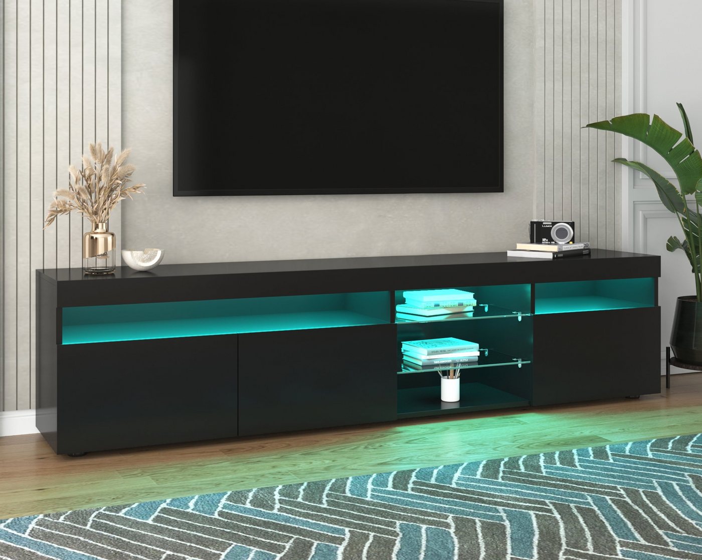 Merax Lowboard hochglanz mit LED-Beleuchtung inkl. Fernbedienung, TV-Lowboard aus Holz, TV Schrank, Fernsehtisch, Breite 180cm von Merax