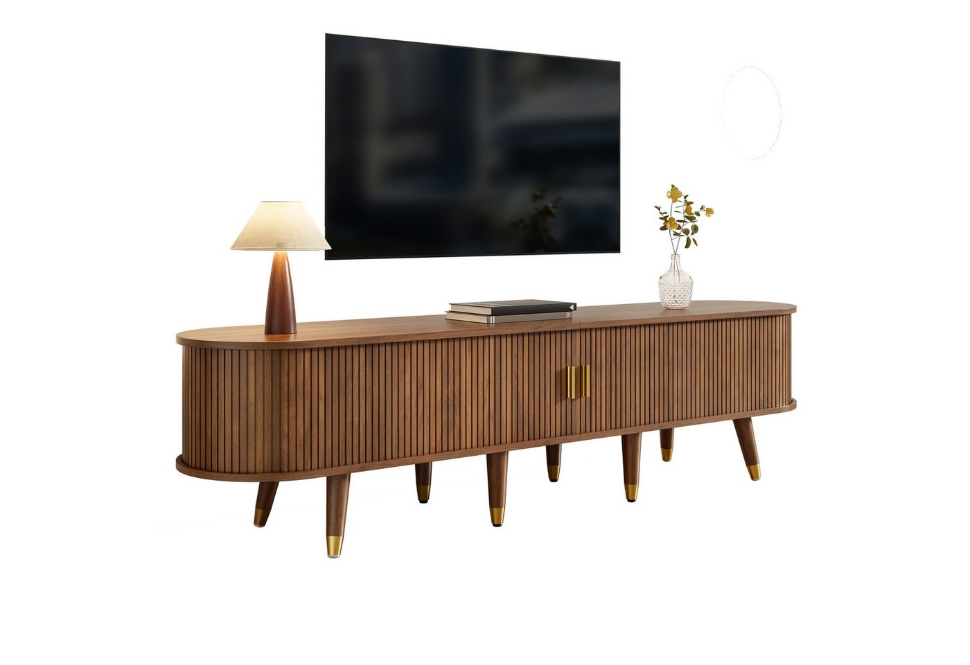 Merax Lowboard im Landhausstil mit Rattan-Schiebetür in Walnussoptik (1 St., 175 L x 38 B x 45 H), TV-Schrank mit offenen Fächern, Schubladen & Stauraum, Fernsehtisch von Merax