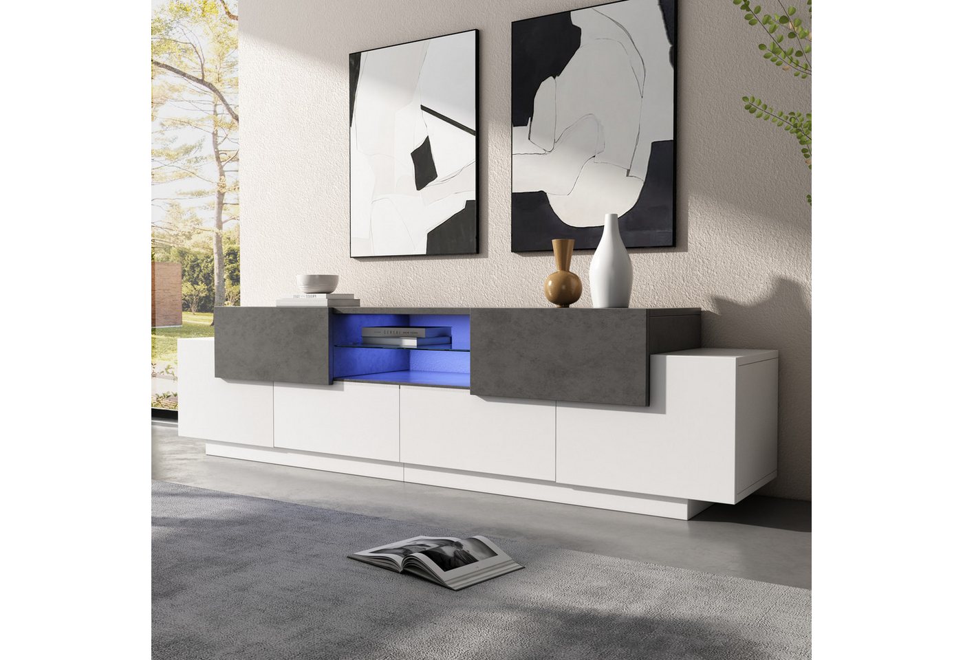 Merax Lowboard in Marmoroptik mit LED (1 St), TV-Schrank mit Glasablage, 2 Schubladen & 4 Türen, 180x40x45cm von Merax
