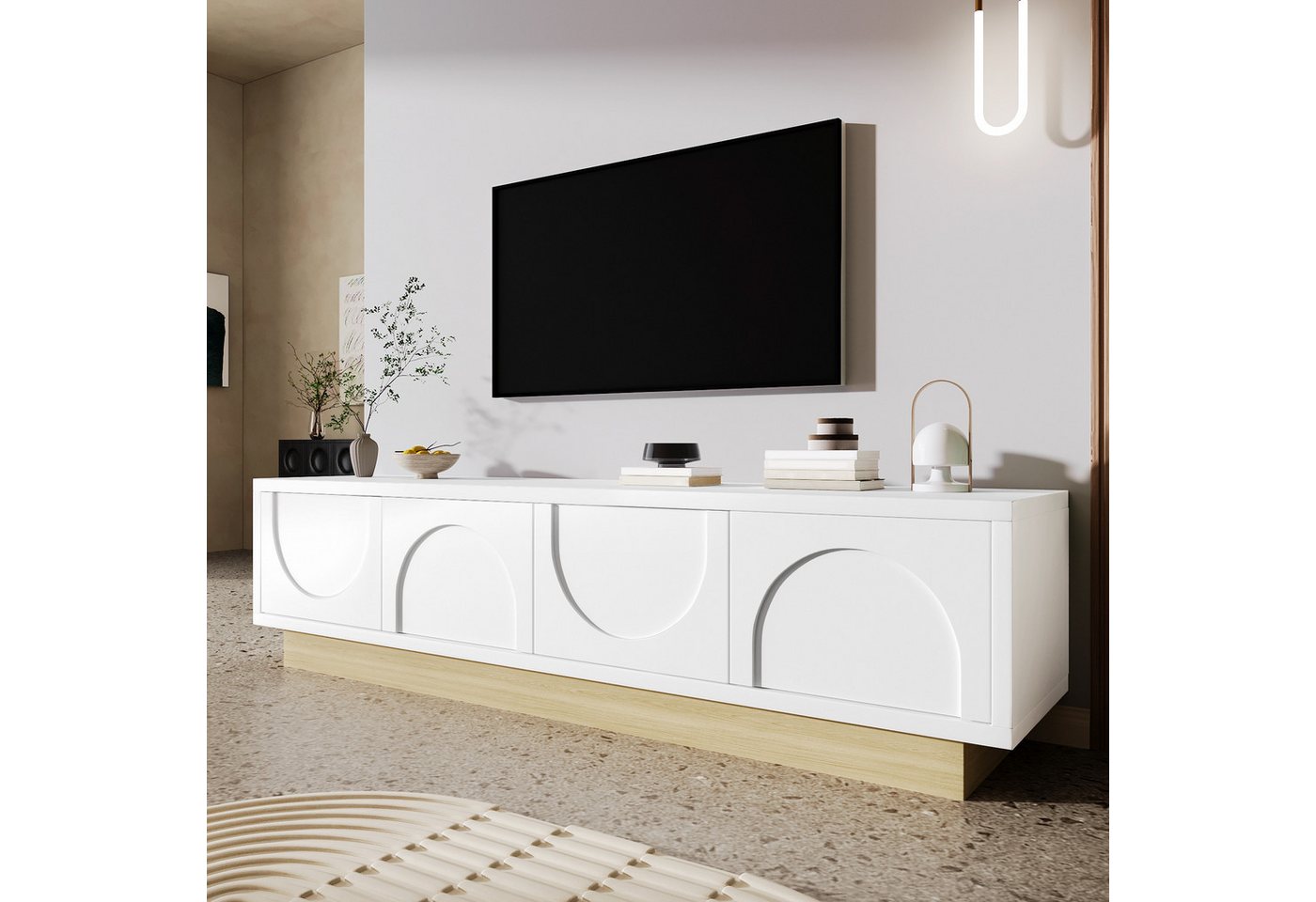 Merax Lowboard in Weiß mit Holzmaserung (Fernsehschrank mit Kurvendesign, 1 St., 175 L x 40 B x 42 H), TV-Schrank mit 4 Türen & Stauraum, Fernsehschrank mit Push-to-Open von Merax