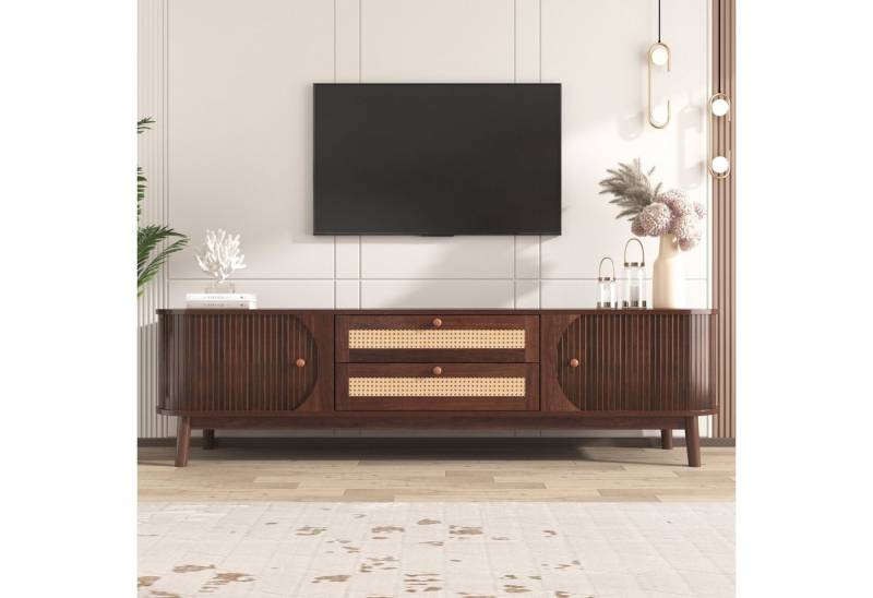 Merax Lowboard mit 2 Schubladen und 2 Bogenschiebetüren, TV-Schrank mit Rattan-Geflecht,Breite 170cm von Merax