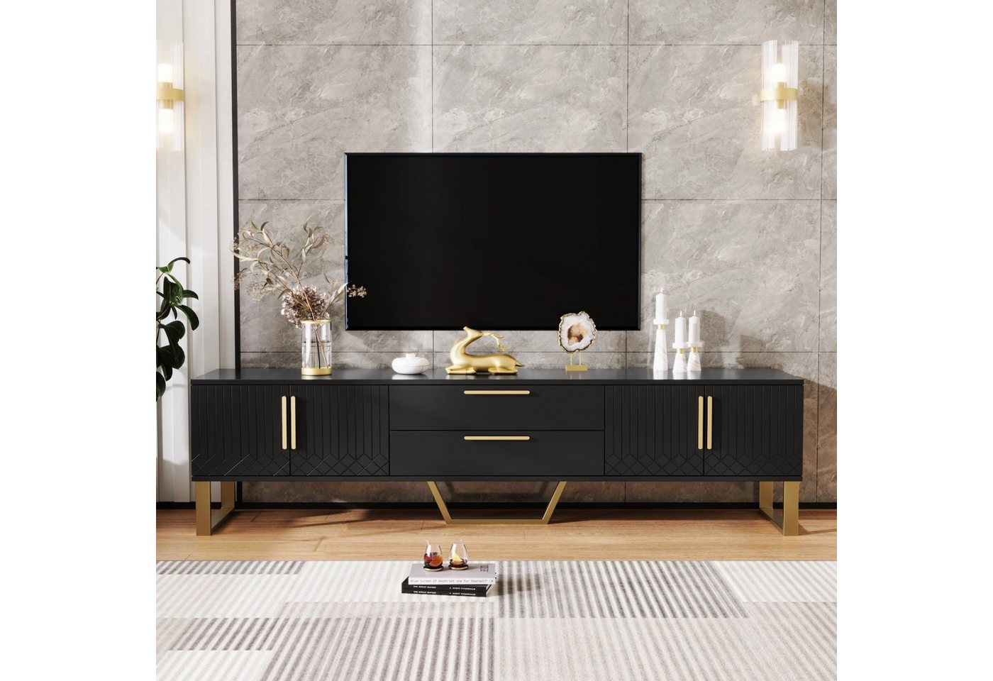 Merax Lowboard mit 2 Schubladen und 4 Türen, TV-Schrank hochglanz mit goldenen Sockel, Fernsehtisch, TV-Board, B:170cm von Merax