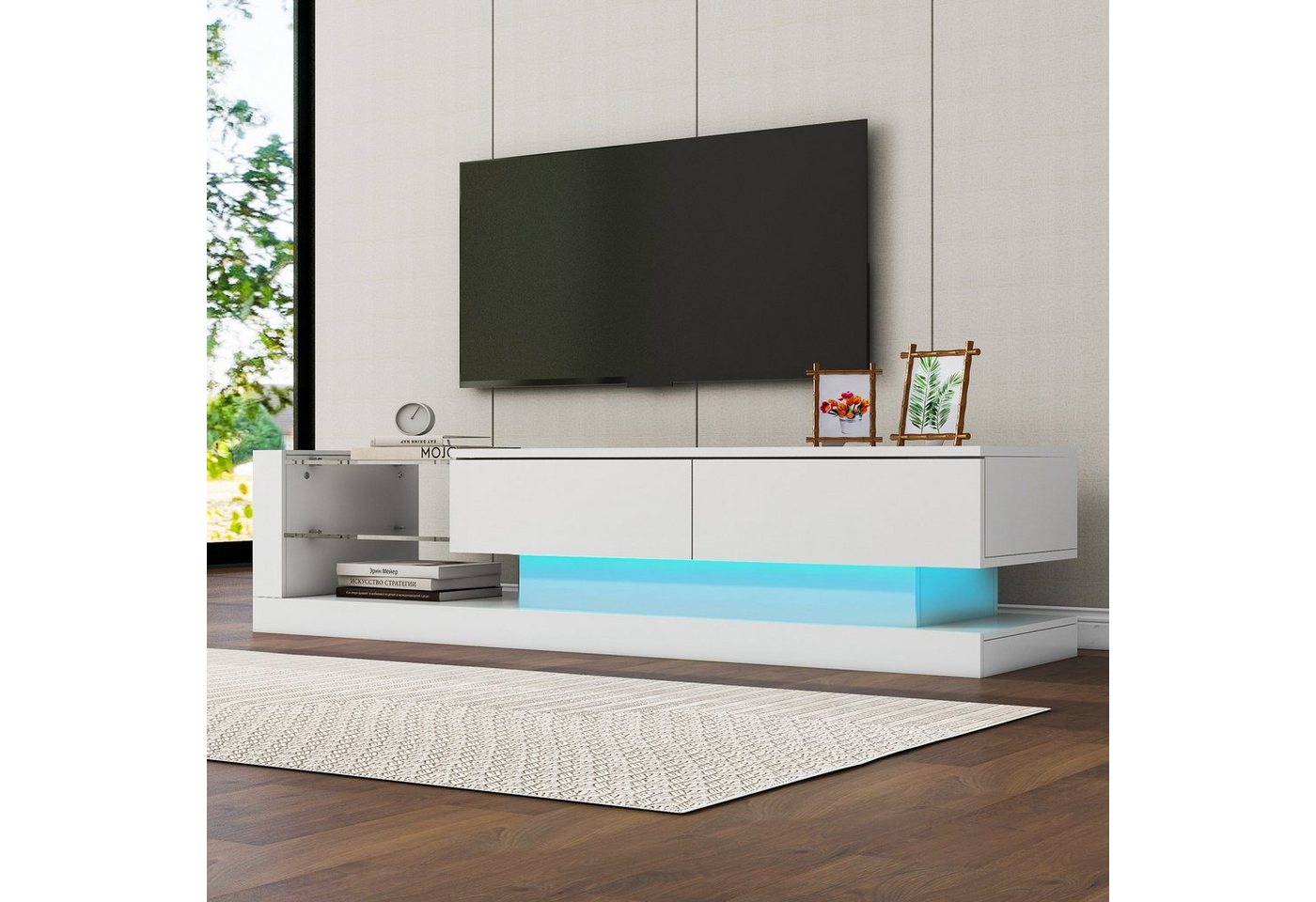 Merax Lowboard mit Glasablagen und LED-Beleuchtung, TV-Schrank hochglanz mit Klapptüren, Fernsehtisch, TV-Board, Breite:140cm von Merax