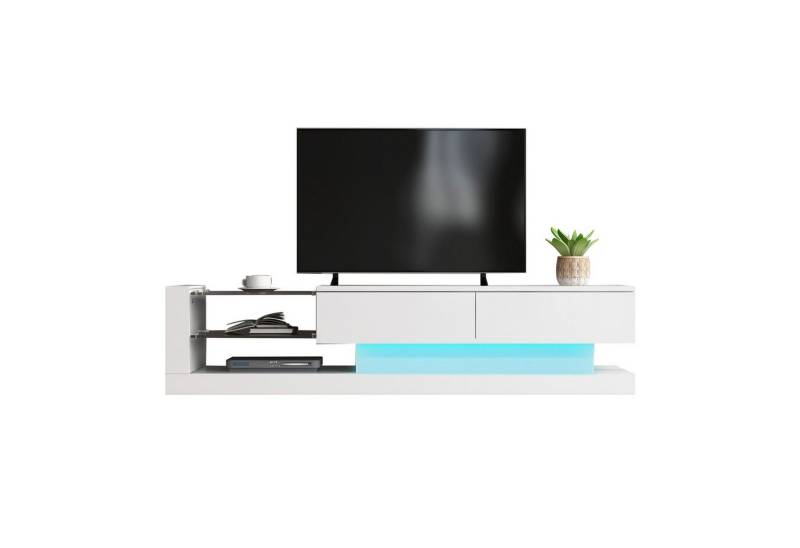 Merax Lowboard mit Glasablagen und LED-Beleuchtung, TV-Schrank hochglanz mit Klapptüren,Fernsehtisch,TV-Board,Breite:140cm von Merax