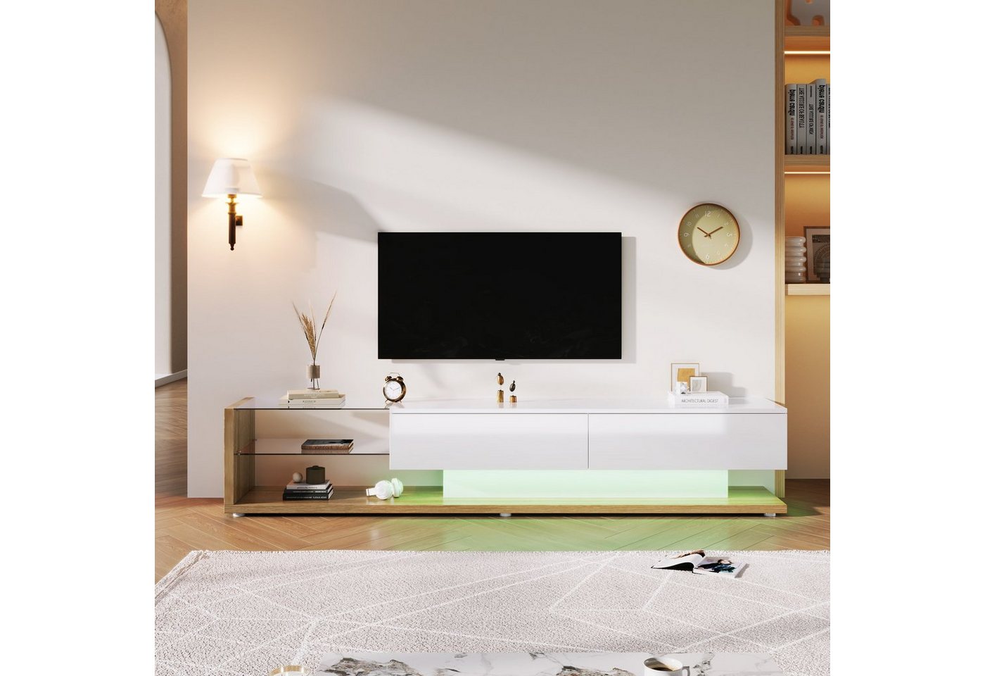 Merax Lowboard mit Glasablagen und Schubladen, TV-Schrank hochglänzend mit LED, TV-Board, TV-Ständer, Breite:170cm von Merax