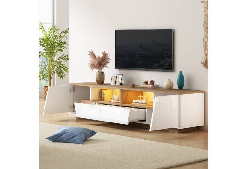 Merax Lowboard mit LED-Beleuchtung & Hochglanz-Front (perfekt für 75 Zoll TV, 1 St., 180x40x46 cm), TV-Schrank mit 2 Schubladen, 2 Schränke und halboffene Ablagefächer von Merax